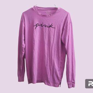 PINK Victoria's Secret long sleeve t-shirt pink cursive on front in barbie pink